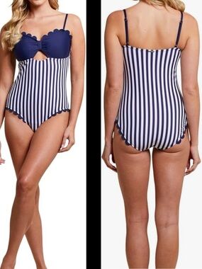 Tribal Sport One Piece Scalloped Trim Stripe Swimsuit
